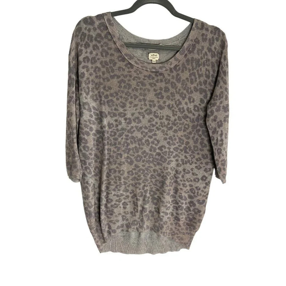 Wilfred Leopard Print Grey Cream High Low Silk Blend Sweater-sz XS